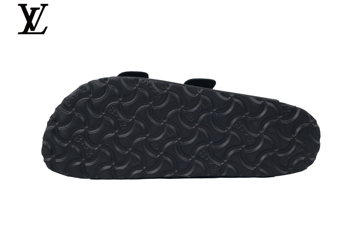 louis vuitton shoes for man  women Birkenstock Slide Sandal in Black with Double Buckle and Cork Footbed