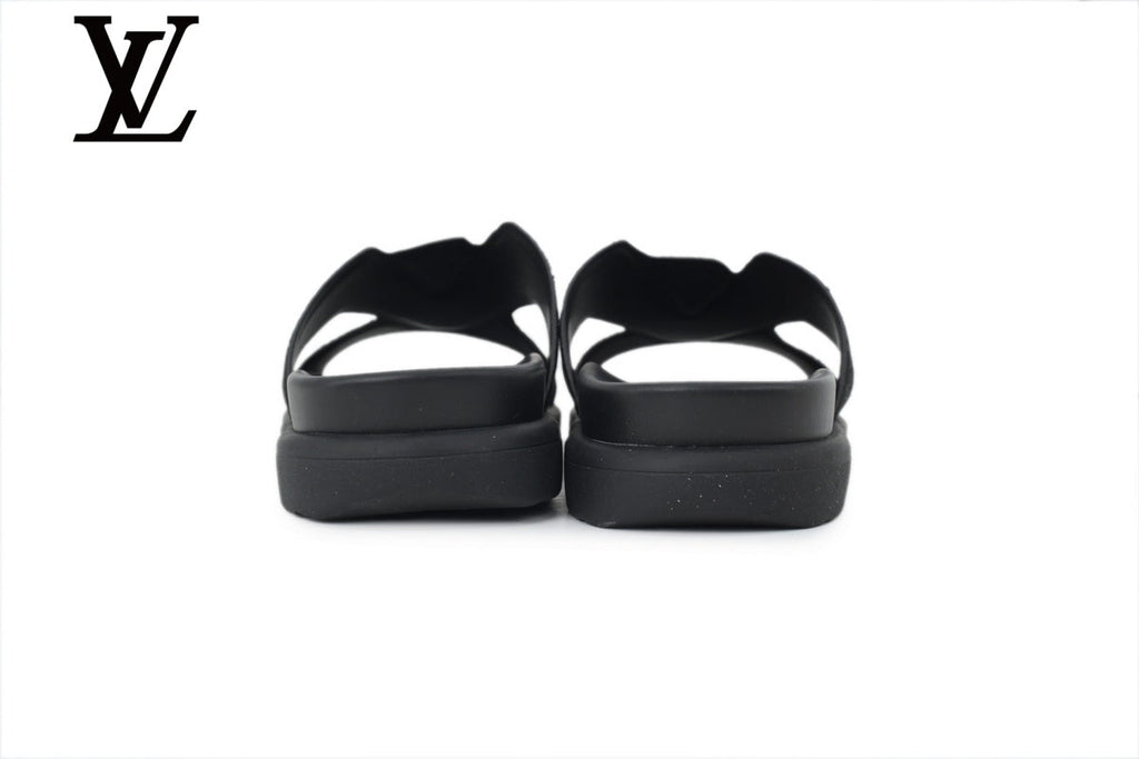 louis vuitton shoes for man  women Black Monogram-Pattern Cutout Slides | Sizes 35–46