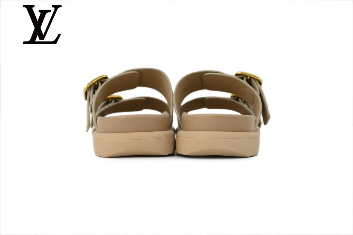 louis vuitton shoes for man  women Beige Monogram-Pattern Suede-Look Double-Strap Slides | Sizes 35–46