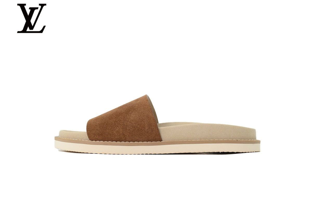 Louis Vuitton shoes for man  women Single Strap Slide Sandal – Tan Suede Leather & Beige Footbed