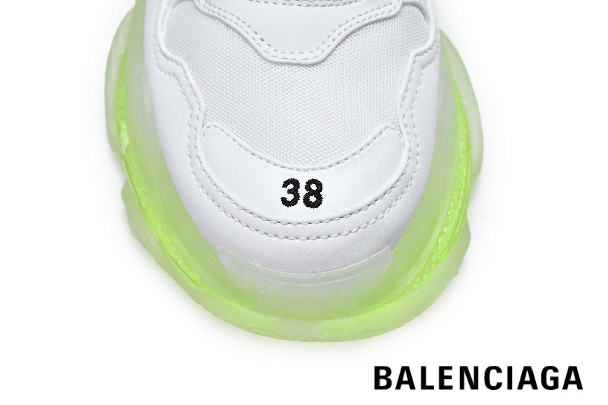 Balenciaga Triple S men's shoes  women sneakers– White & Fluorescent Green Sole