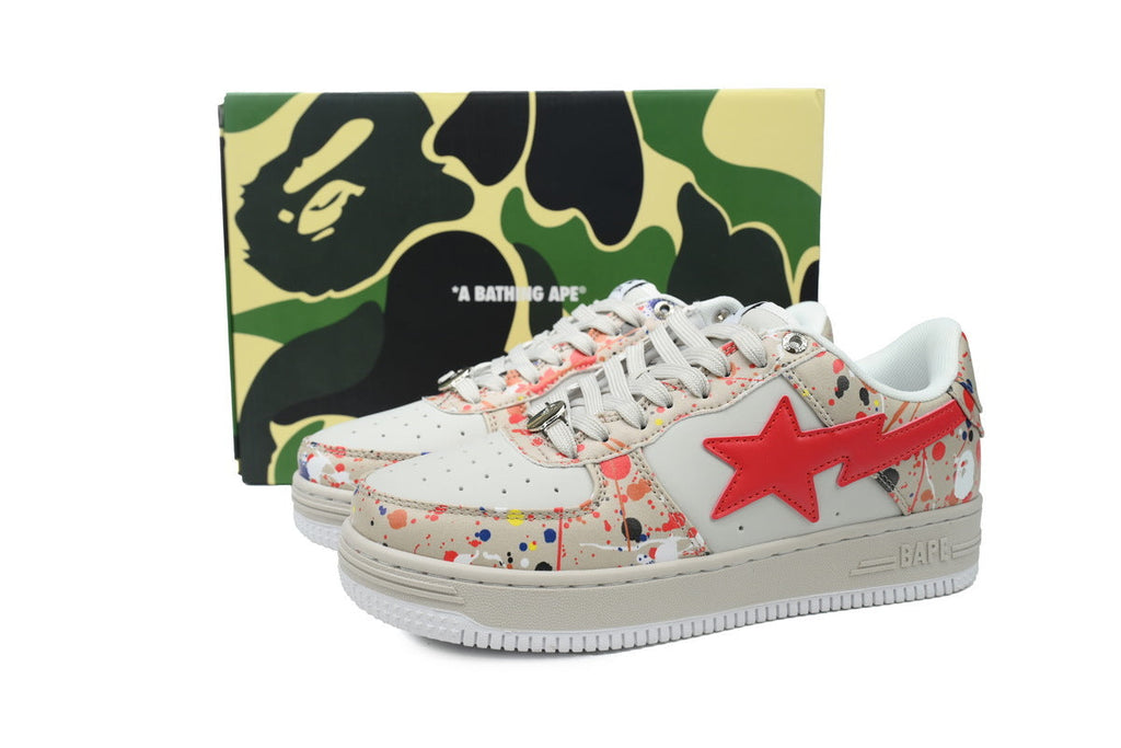 A BATHING APE BAPE STA Cream Paint-Splatter & Red-Star Sneakers | Women's & Men's Skate-Inspired Shoes
