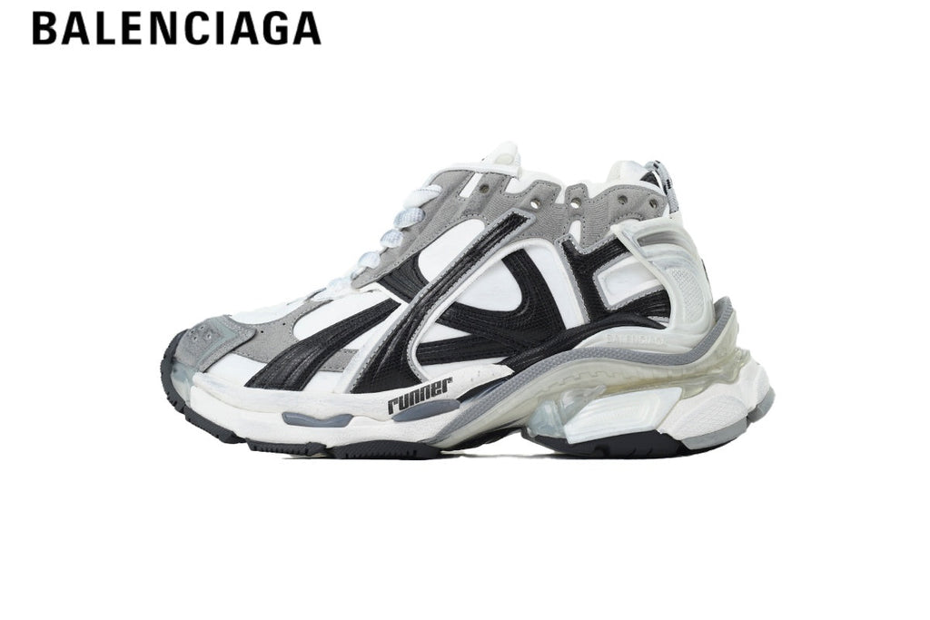 Balenciaga Runner Mid Sneaker — White Mesh, Black & Grey Synthetic Overlays
