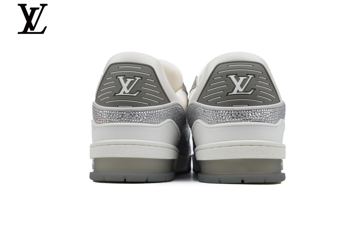 Louis Vuitton LV shoes for man  women Trainer Sneaker – White & Silver Rhinestone