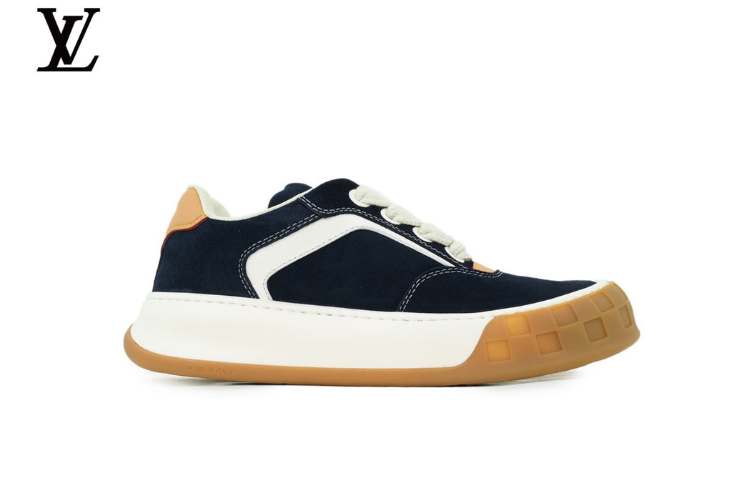 Louis Vuitton Low Top Sneaker in Navy Suede with White Leather Trim and Gum Sole