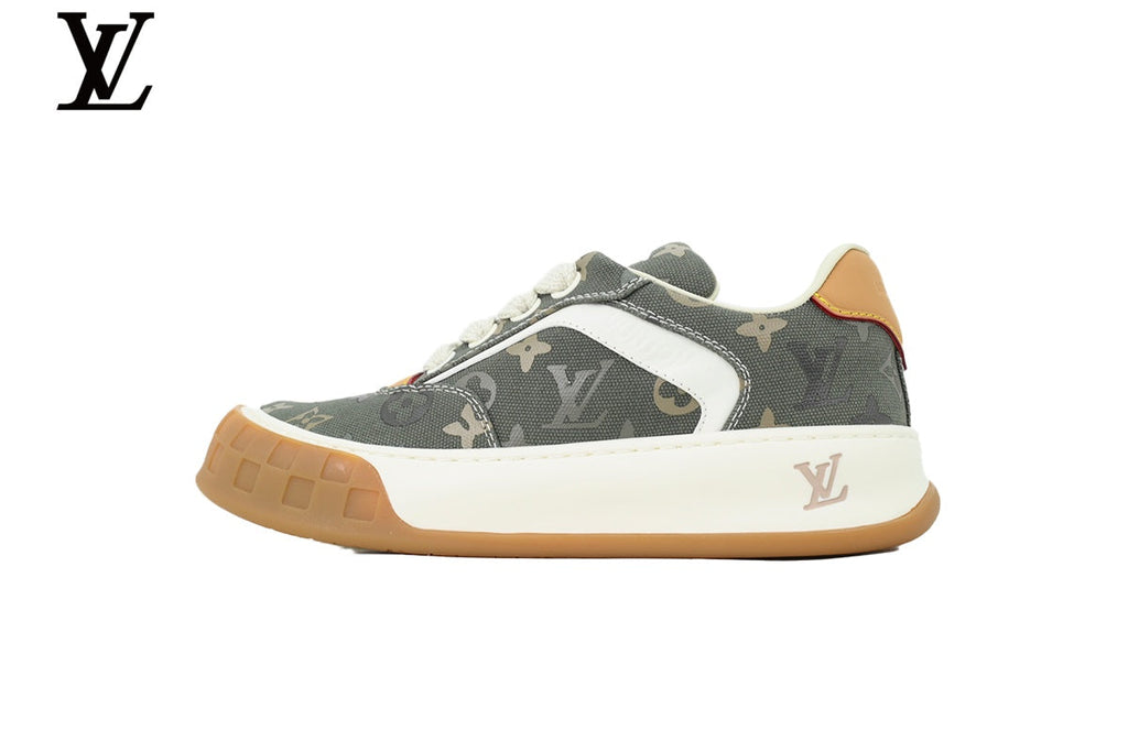 Louis Vuitton Low Top Sneaker in Olive Monogram Canvas with White Leather Trim and Gum Sole