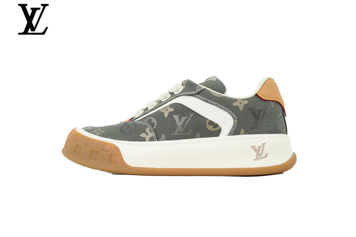 Louis Vuitton Low Top Sneaker in Olive Monogram Canvas with White Leather Trim and Gum Sole