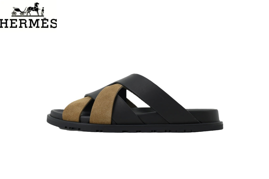 Hermès Black and Khaki Suede Cross-Strap Slide Sandal