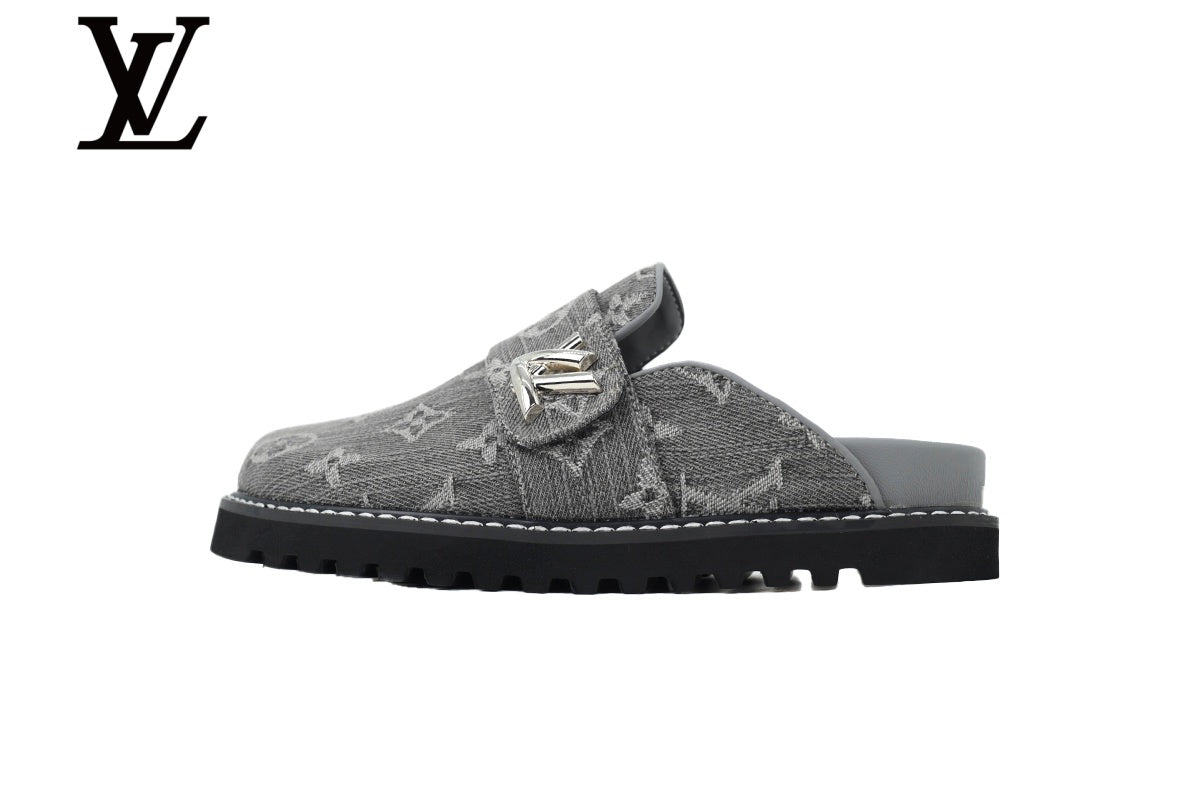 louis vuitton shoes for man  women Grey Monogram-Pattern Denim Mules | Sizes 35–46