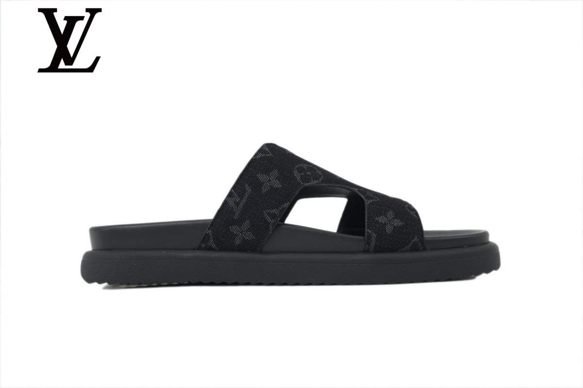 louis vuitton shoes for man  women Black Monogram-Pattern Cutout Slides | Sizes 35–46