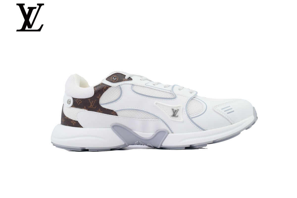 Louis Vuitton Low Top Sneaker – White Mesh & Leather with Monogram Panel & Grey Outsole