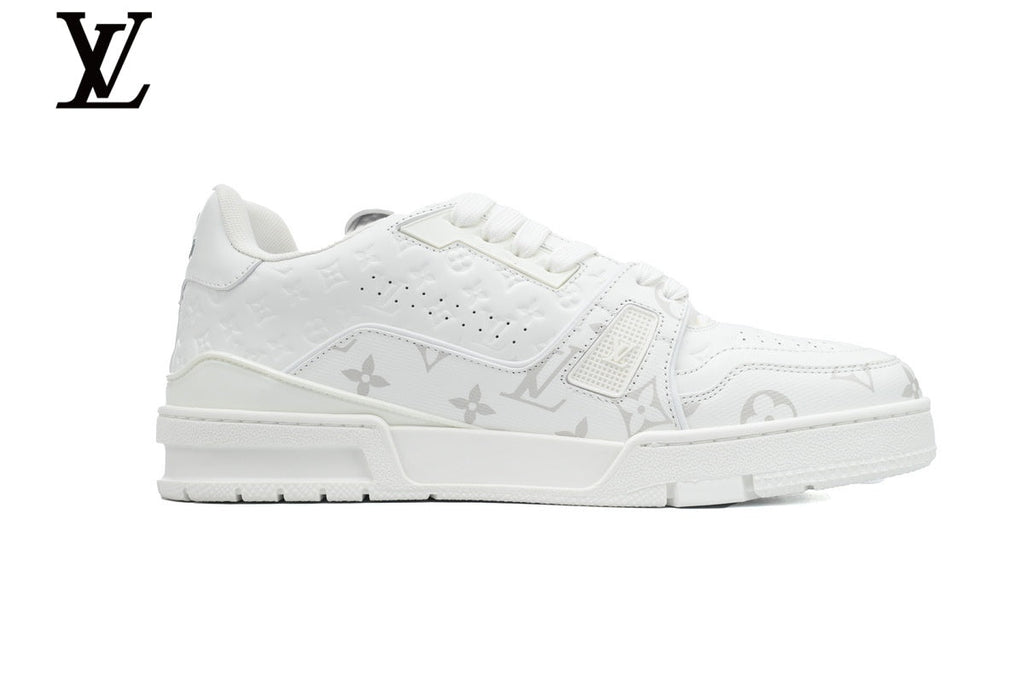 Louis Vuitton Low Top Trainer – White Monogram Embossed Leather & Gold Signature