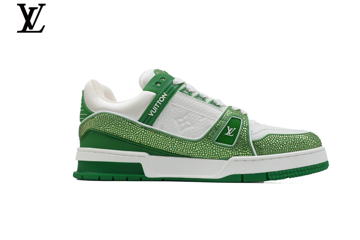Louis Vuitton LV shoes for man  women Trainer Sneaker – White & Green Rhinestone
