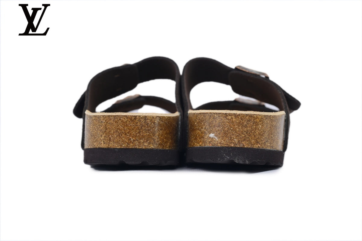 louis vuitton shoes for man  women Birkenstock Slide Sandal in Dark Coffee Suede with Double Buckle and Cork Footbed