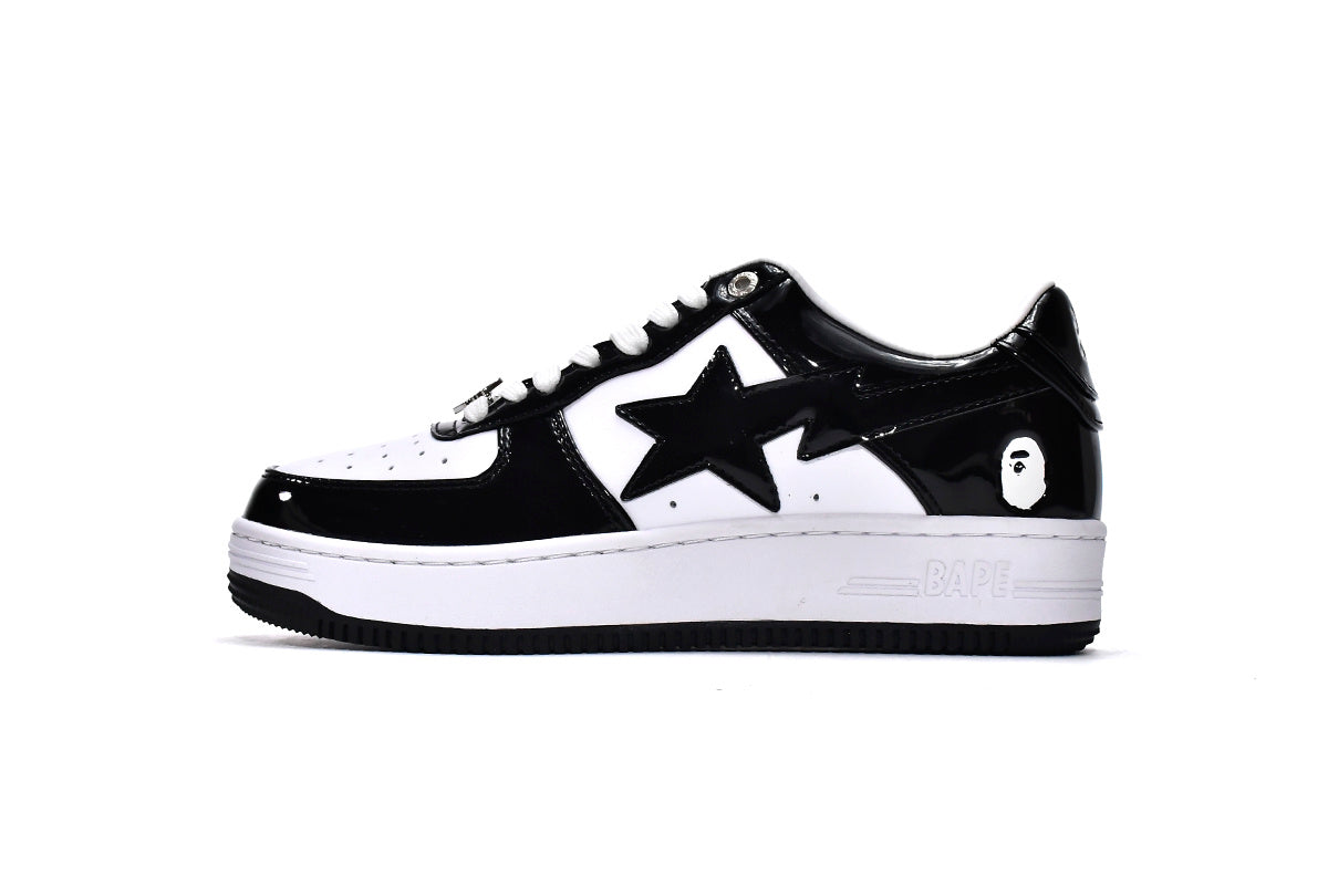 A BATHING APE BAPE STA Glossy Black & White Black-Star Sneakers | Women's & Men's Skate-Inspired Shoes