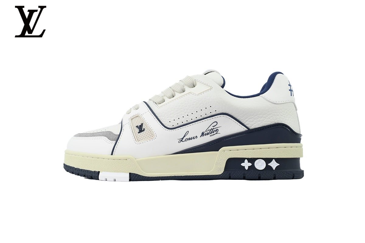 Louis Vuitton Trainer  shoes for man  women Sneaker – White & Navy Signature