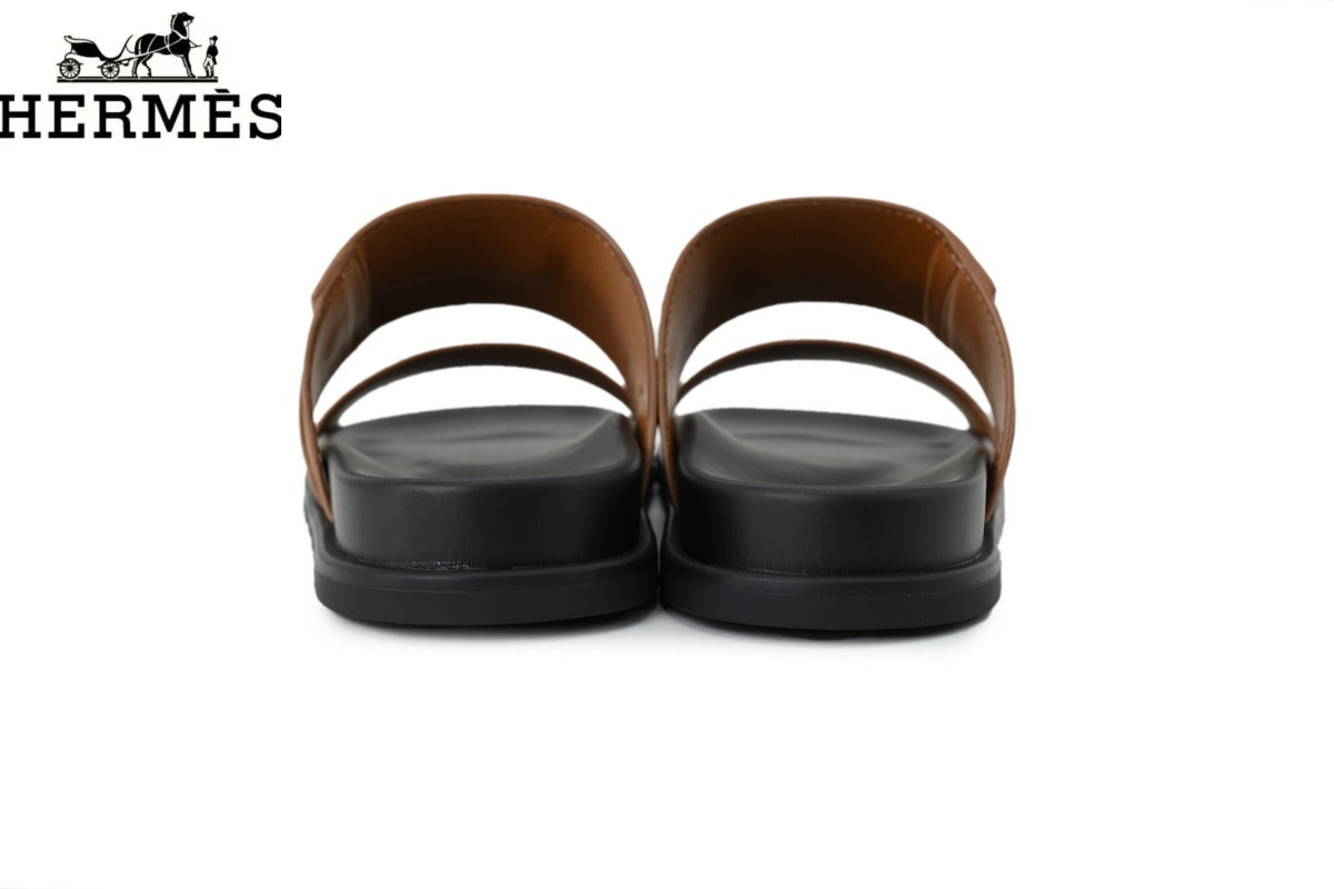 Hermès   slides Tan Leather Dual-Strap Slide Sandal