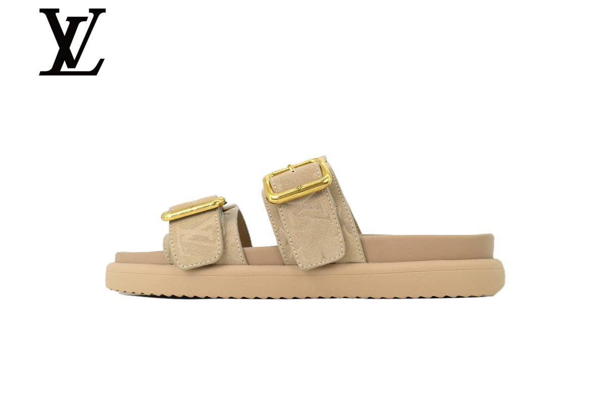 louis vuitton shoes for man  women Beige Monogram-Pattern Suede-Look Double-Strap Slides | Sizes 35–46