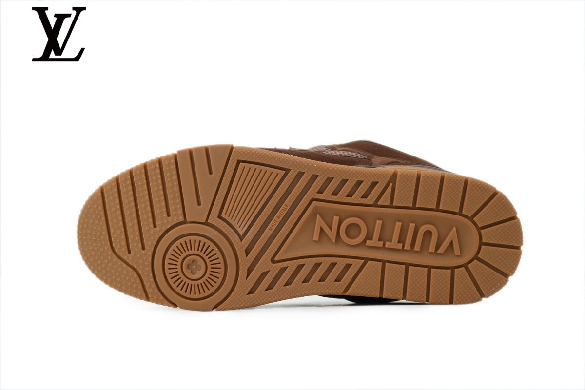 Louis Vuitton Trainer  shoes for man  women  Sneaker – Brown Suede & Mesh with White & Gum Sole