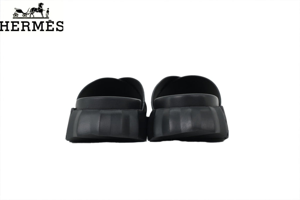 Hermès Black Leather and Suede Cross-Strap Platform Slide Sandal