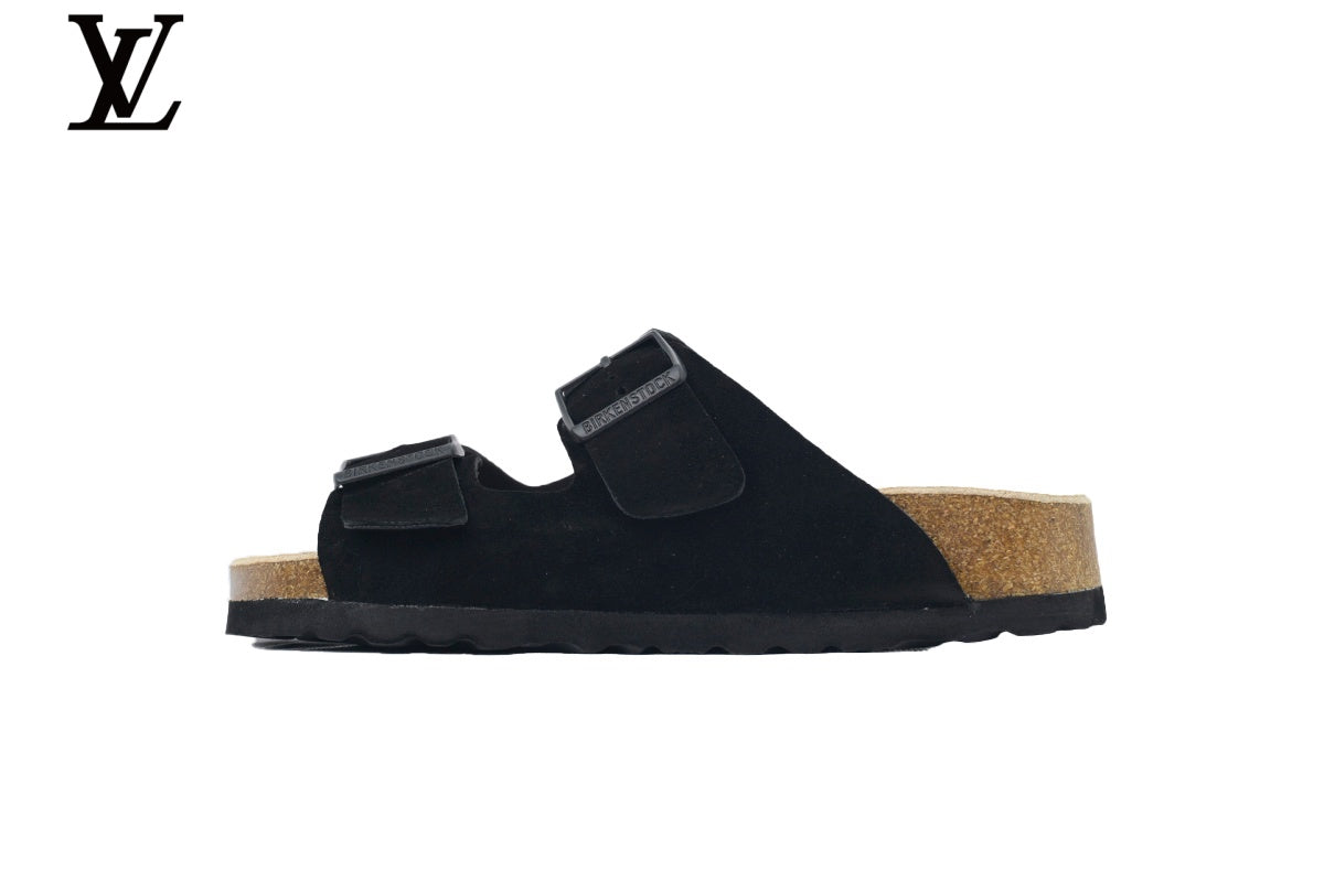 louis vuitton shoes for man  women Birkenstock Slide Sandal in Black Suede with Double Buckle and Cork Footbed