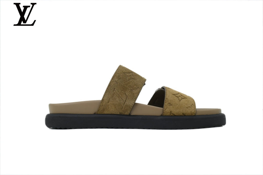 Louis Vuitton Monogram Slide Sandal in Khaki with Double Buckle