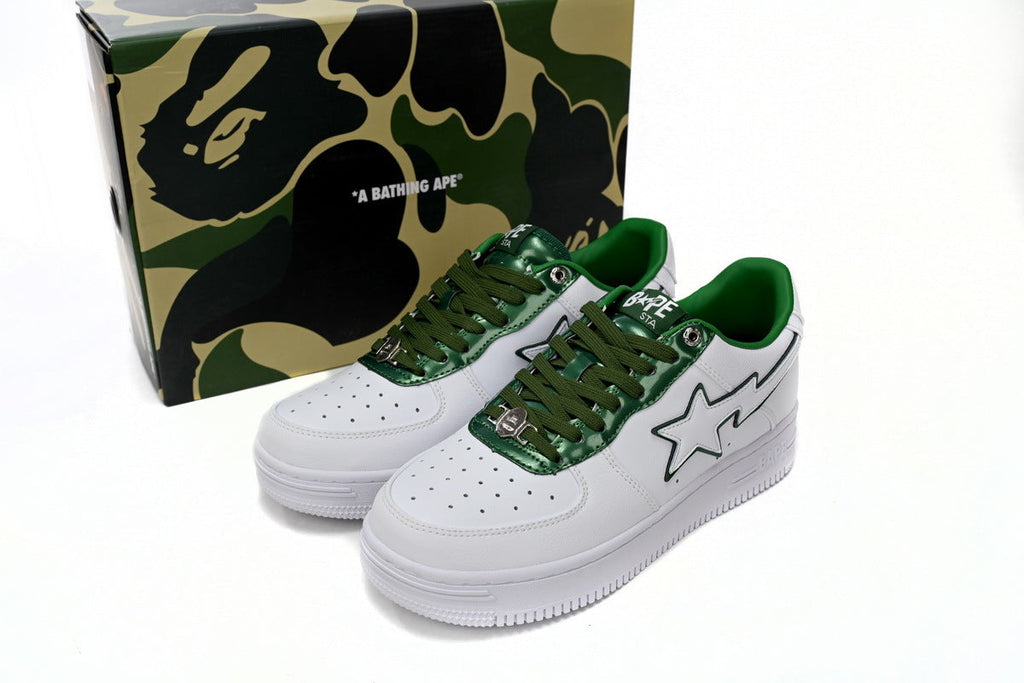 A BATHING APE BAPE STA White & Green Outline Sneakers | Women's & Men's Skate-Inspired Shoes