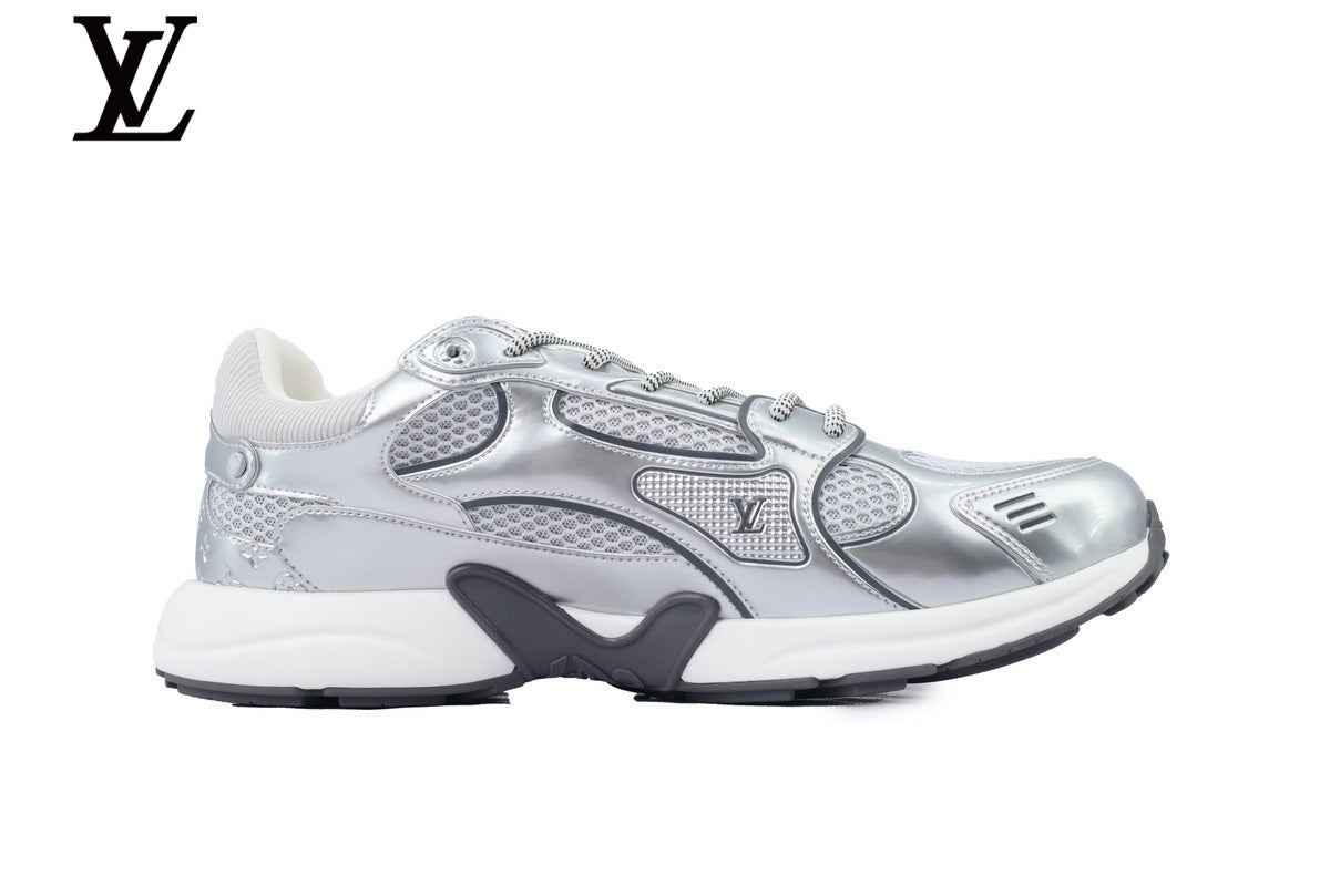 Louis Vuitton Low Top Sneaker – Silver Metallic Leather & Mesh with White Midsole