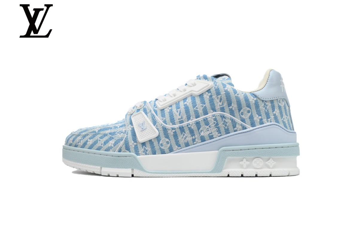 Louis Vuitton Trainer  shoes for man  women Sneaker – Striped Monogram Denim in Light Blue