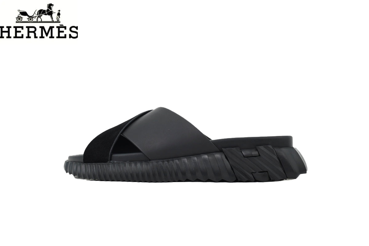 Hermès Black Leather and Suede Cross-Strap Platform Slide Sandal