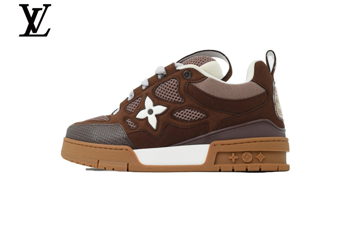 Louis Vuitton Trainer  shoes for man  women  Sneaker – Brown Suede & Mesh with White & Gum Sole