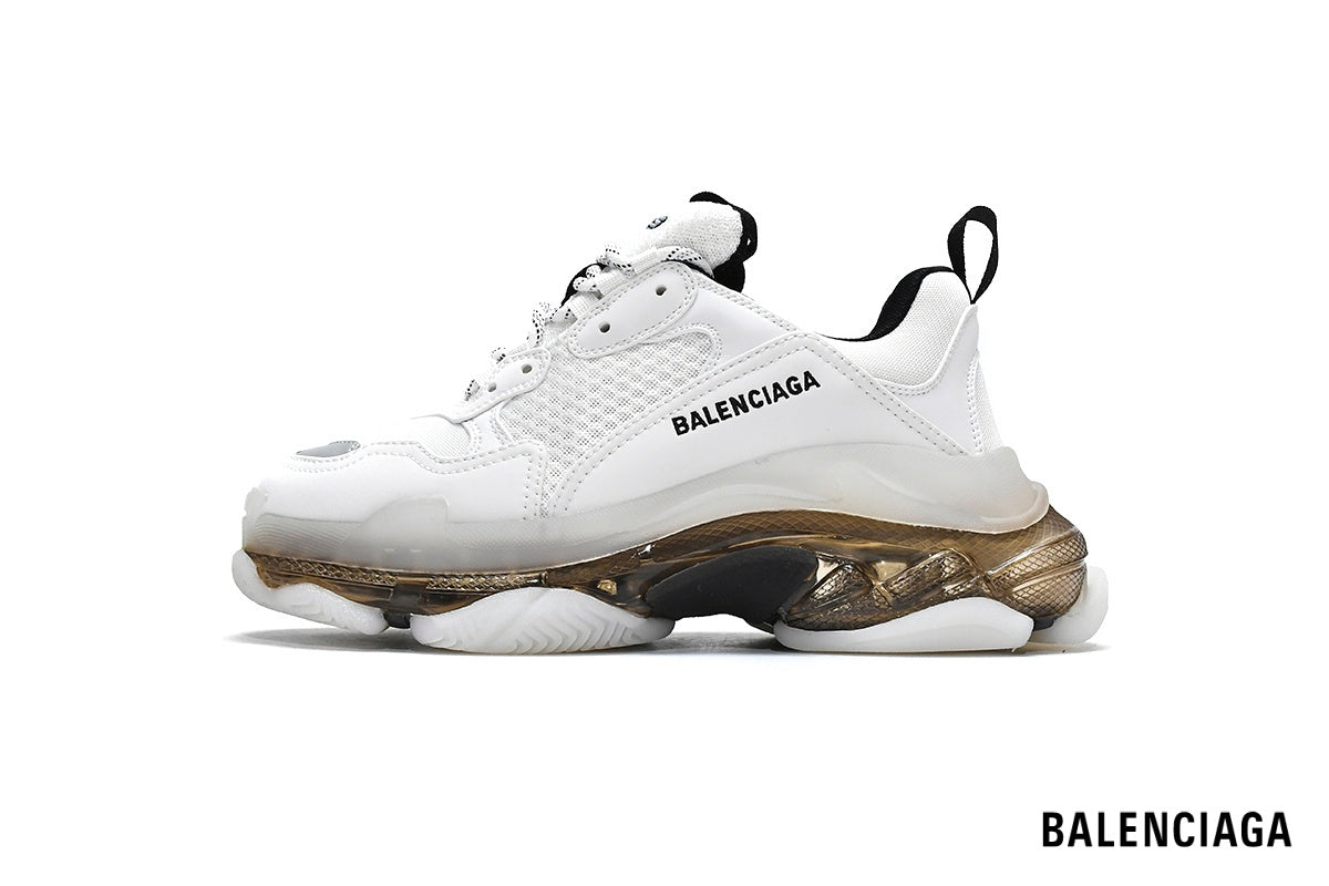 Balenciaga Triple S men's shoes  women sneakers – White, Gold & Clear Sole