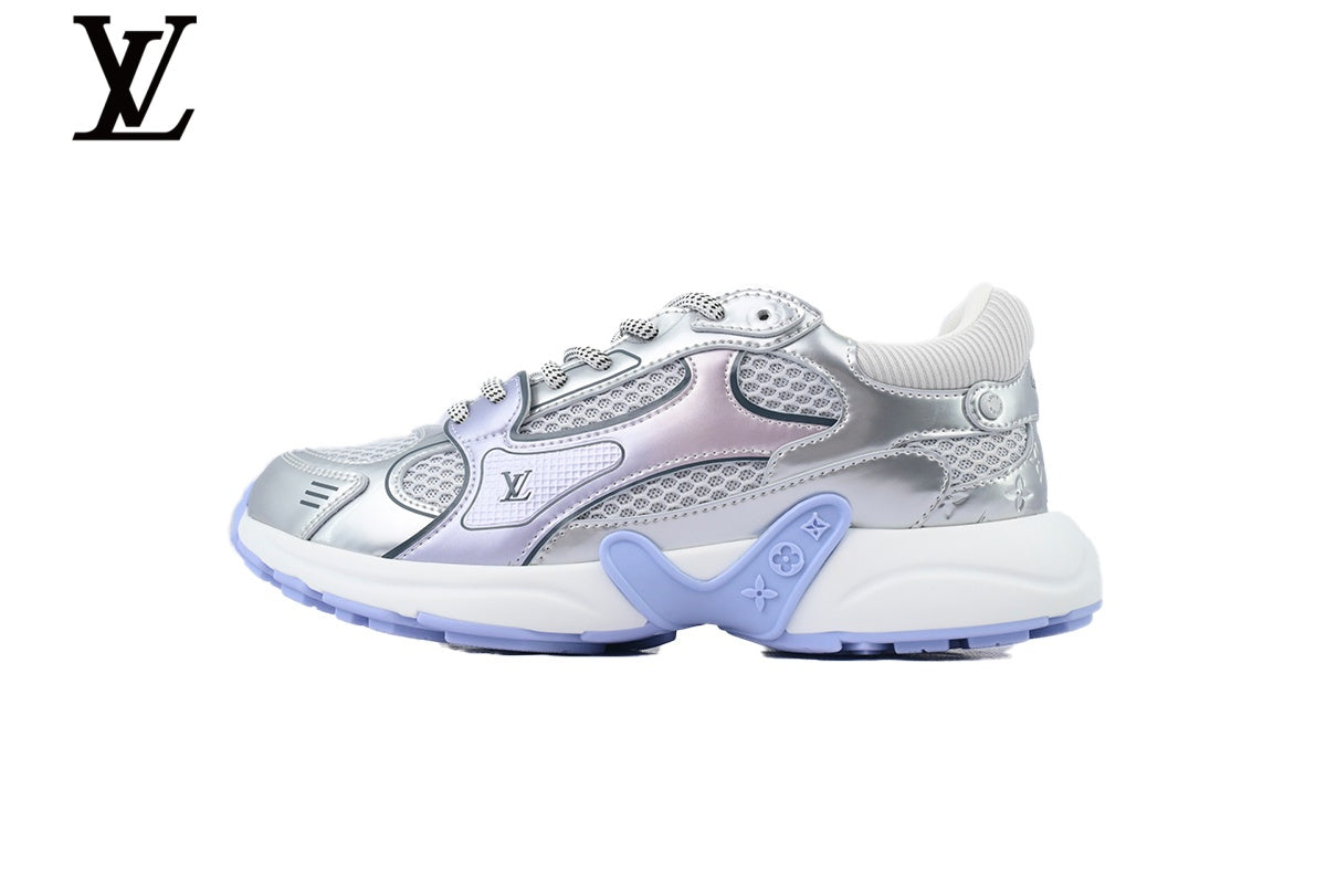 Louis Vuitton Low Top Sneaker – Silver & Lavender Metallic Leather & Mesh with White Midsole