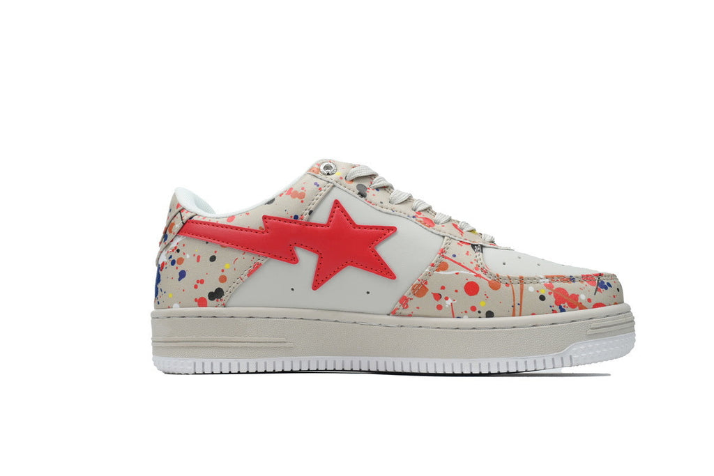 A BATHING APE BAPE STA Cream Paint-Splatter & Red-Star Sneakers | Women's & Men's Skate-Inspired Shoes