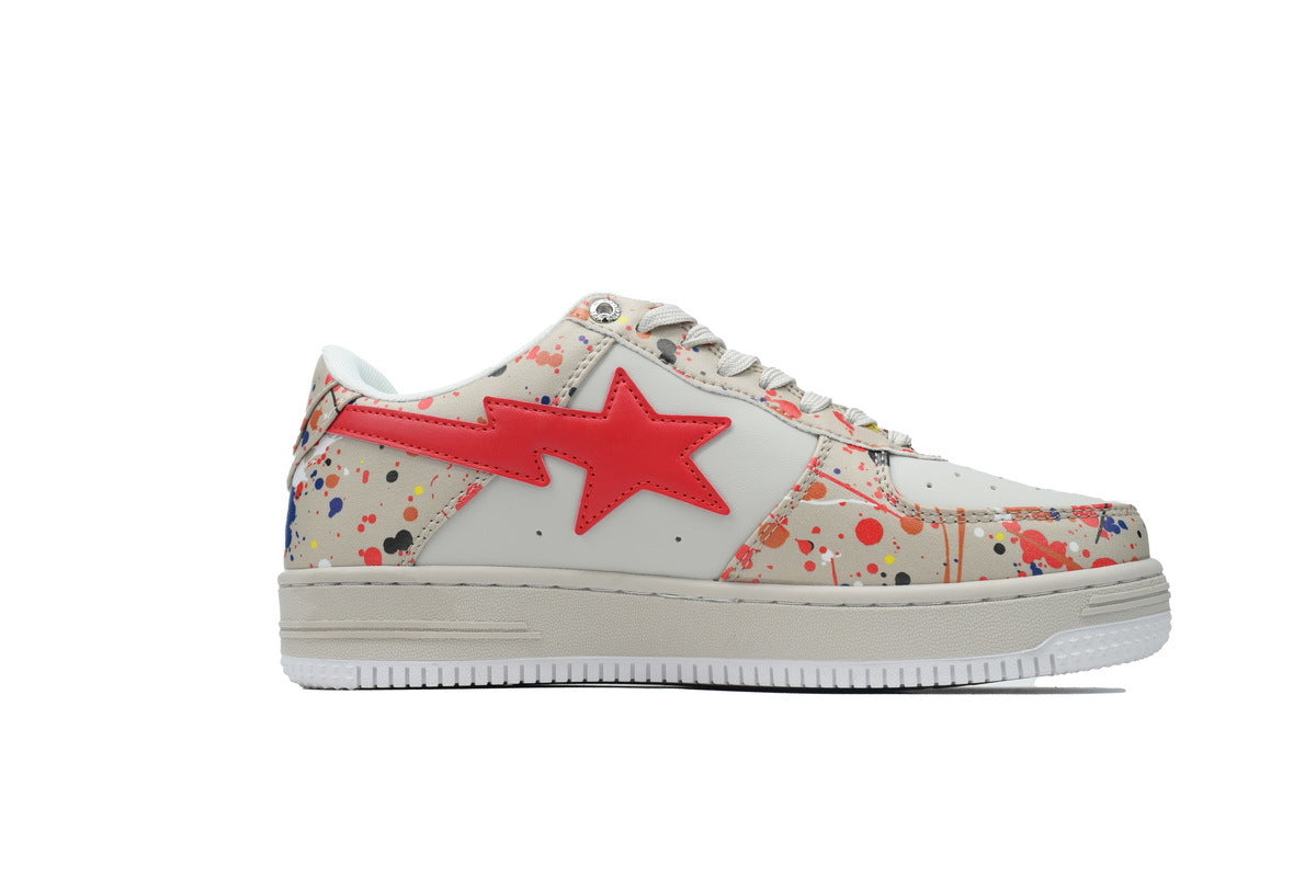 A BATHING APE BAPE STA Cream Paint-Splatter & Red-Star Sneakers | Women's & Men's Skate-Inspired Shoes