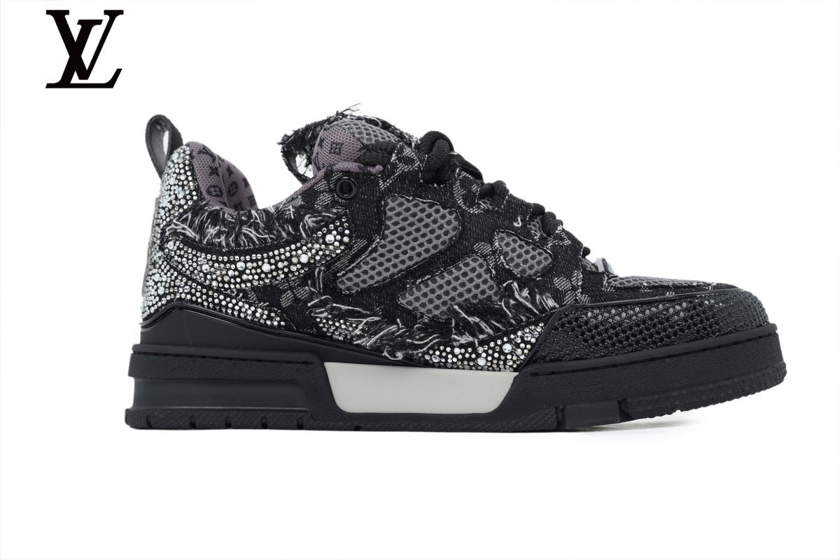 Louis Vuitton Trainer shoes for man  women Sneaker – Black Mesh with Rhinestone Embellishment