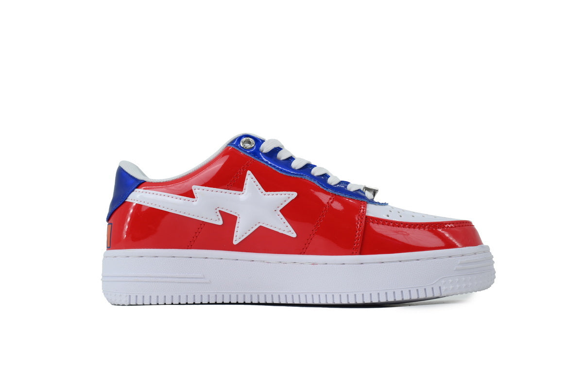 A BATHING APE BAPE STA Glossy Red, White & Blue Shark Sneakers | Women's & Men's Skate-Inspired Shoes