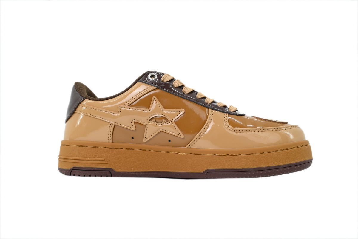 A BATHING APE BAPE STA Glossy Tan & Caramel Eye-Graphic Sneakers | Women's & Men's Skate-Inspired Shoes